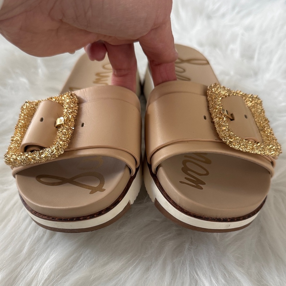 Sam Edelman Ariane Natural Slide Sandals with Glittering Gold Buckles size 7.5 - Picture 3 of 13